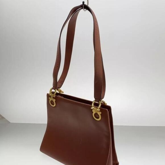Salvatore Ferragamo tote bag leather Brown Gancini gold hardware shoulder - Picture 7 of 11